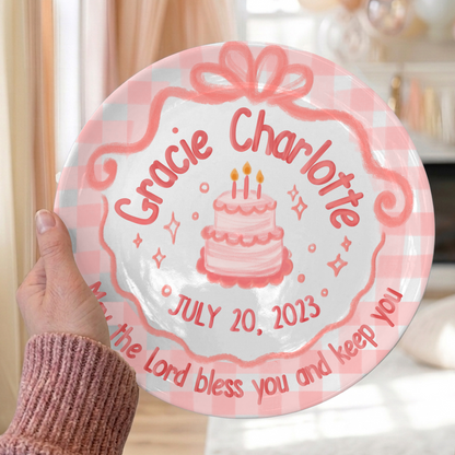 Pink Gingham Bow Cake Personalized Birthday Plate for Girls P212CMT0