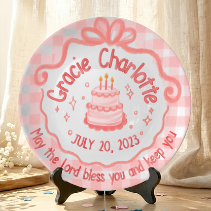Pink Gingham Bow Cake Personalized Birthday Plate for Girls P212CMT0