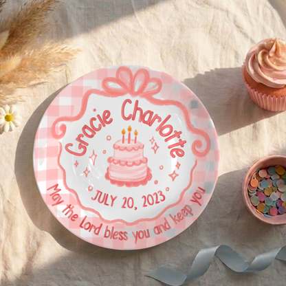 Pink Gingham Bow Cake Personalized Birthday Plate for Girls P212CMT0