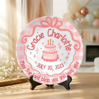 Pink Gingham Bow Cake Personalized Birthday Plate for Girls P212CMT0