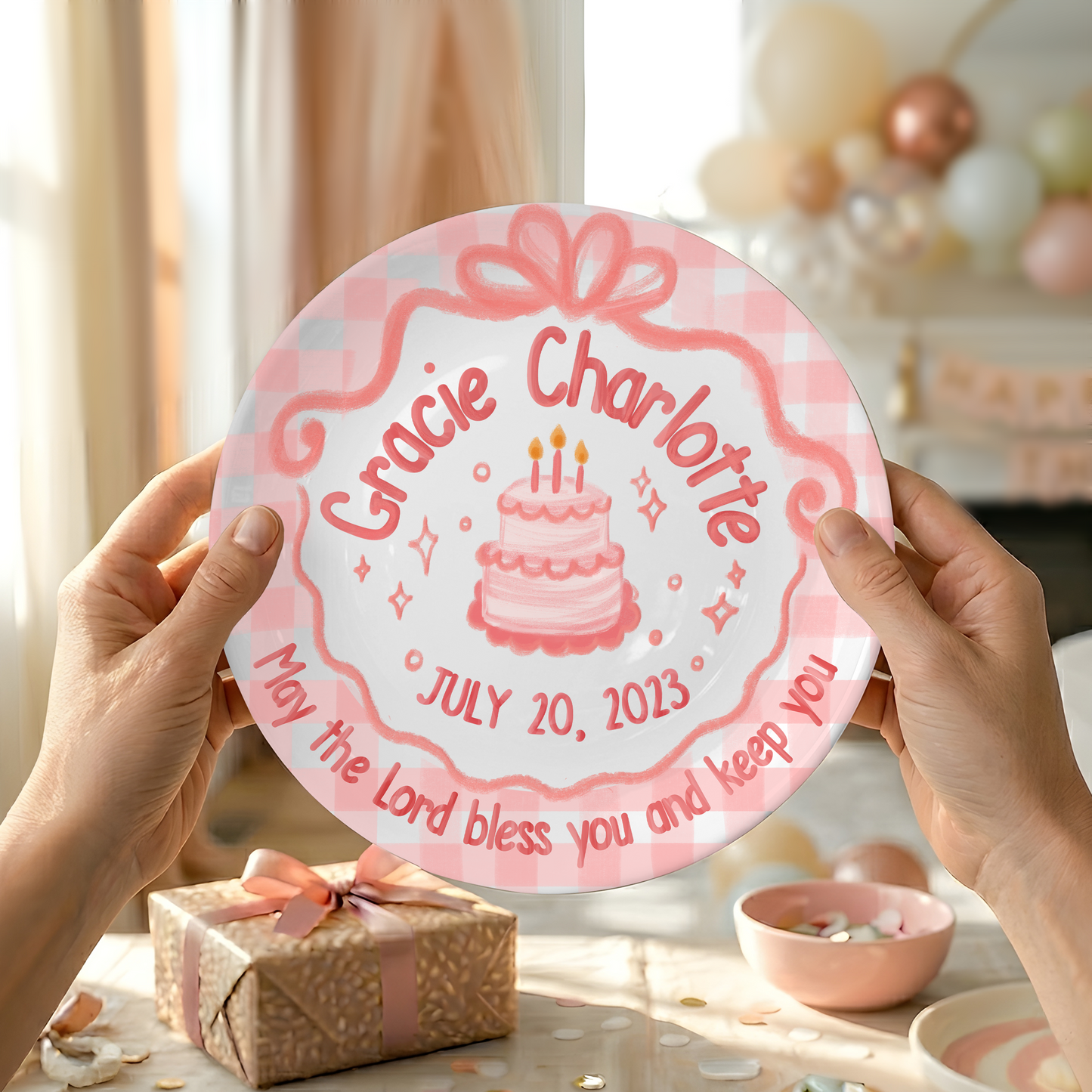 Pink Gingham Bow Cake Personalized Birthday Plate for Girls P212CMT0