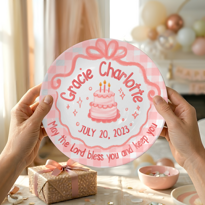 Pink Gingham Bow Cake Personalized Birthday Plate for Girls P212CMT0
