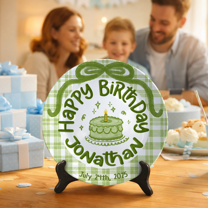 Green Gingham Personalized Birthday Plate P212JEY0