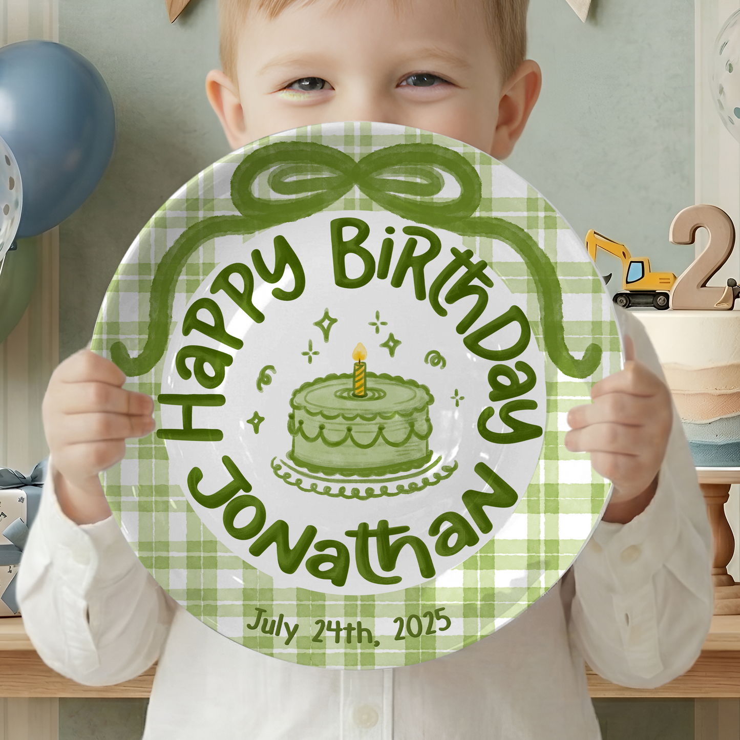 Green Gingham Personalized Birthday Plate P212JEY0