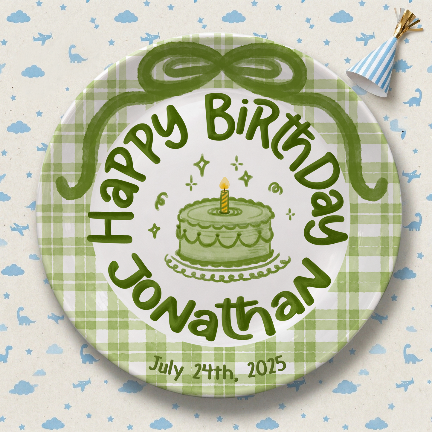 Green Gingham Personalized Birthday Plate P212JEY0