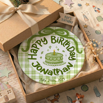 Green Gingham Personalized Birthday Plate P212JEY0