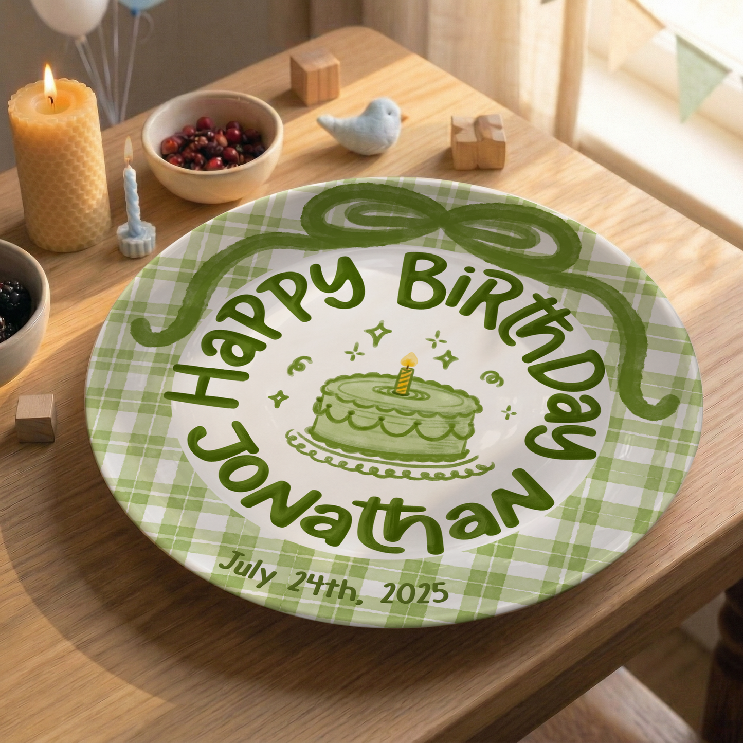 Green Gingham Personalized Birthday Plate P212JEY0