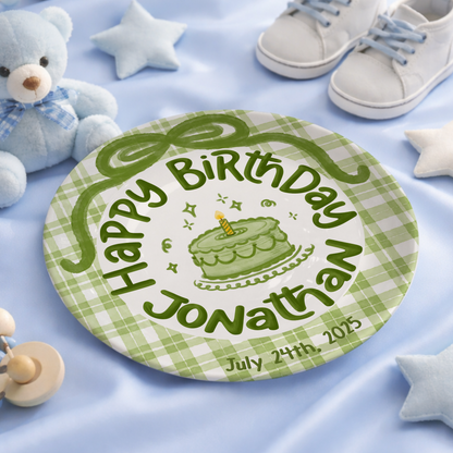 Green Gingham Personalized Birthday Plate P212JEY0
