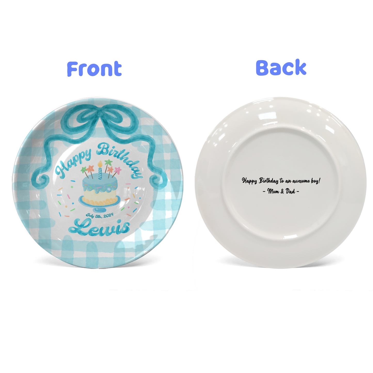 Teal Bow and Checkered Cake Personalized Birthday Plate P212RB00