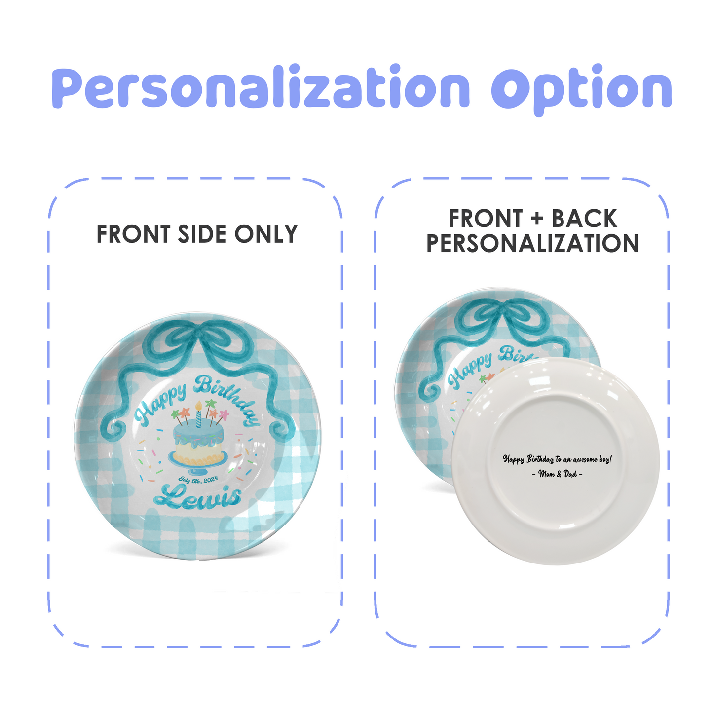 Teal Bow and Checkered Cake Personalized Birthday Plate P212RB00