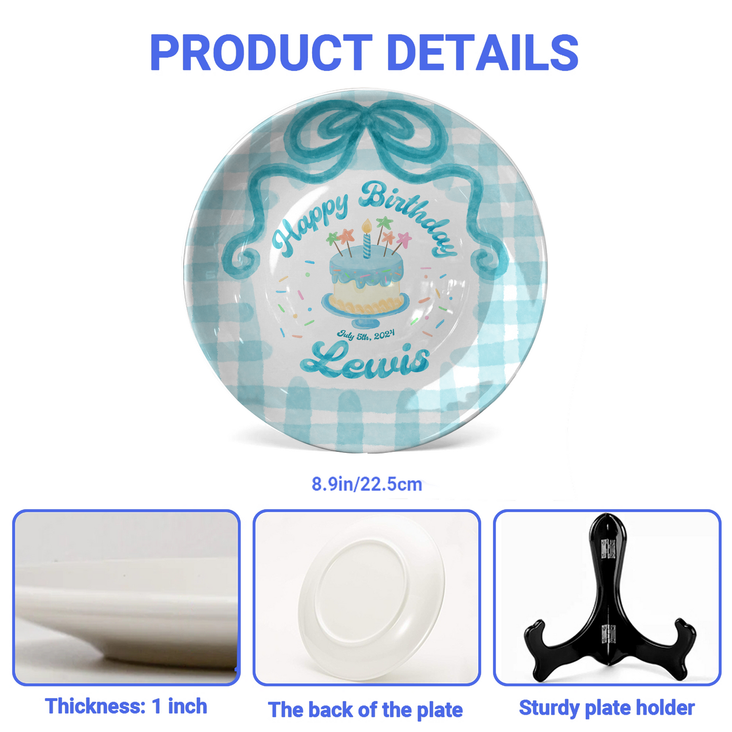 Teal Bow and Checkered Cake Personalized Birthday Plate P212RB00