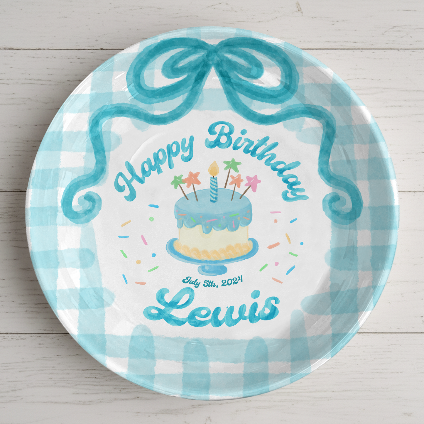 Teal Bow and Checkered Cake Personalized Birthday Plate P212RB00
