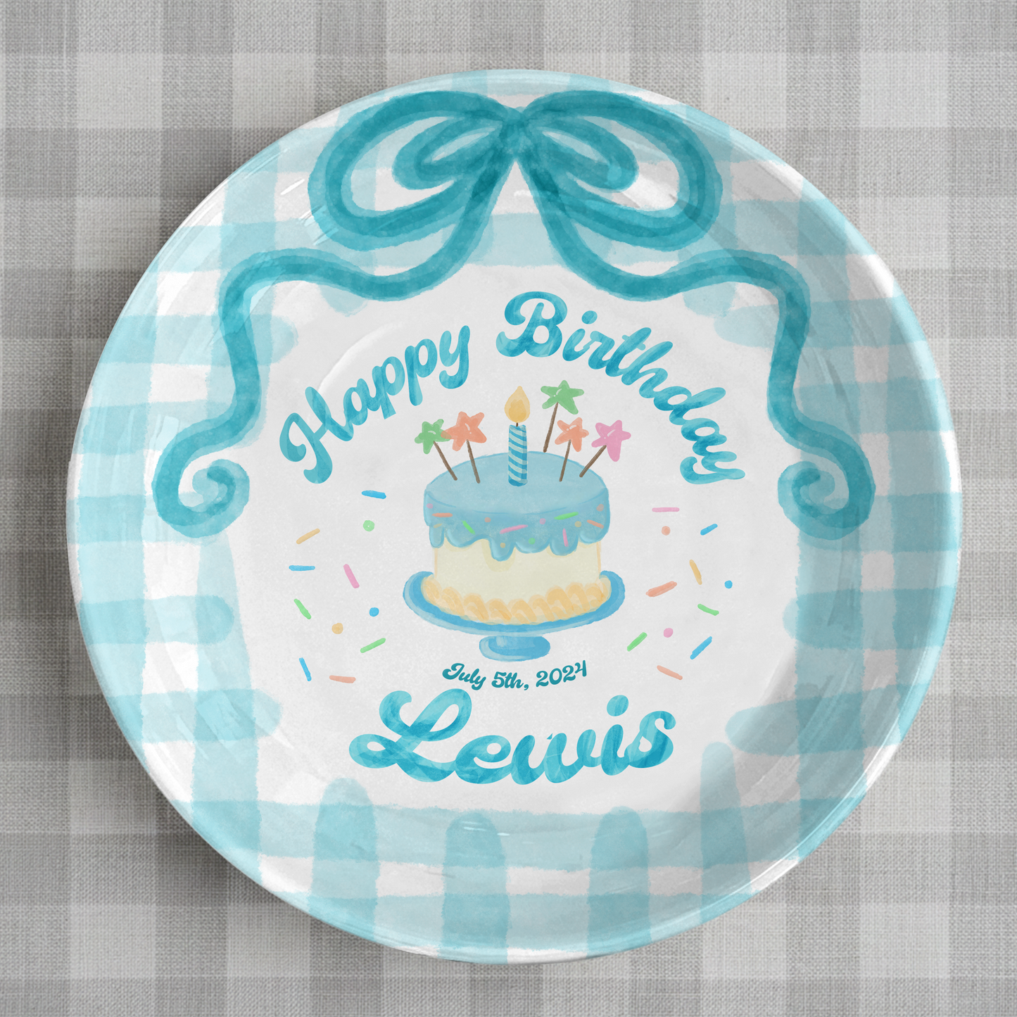 Teal Bow and Checkered Cake Personalized Birthday Plate P212RB00