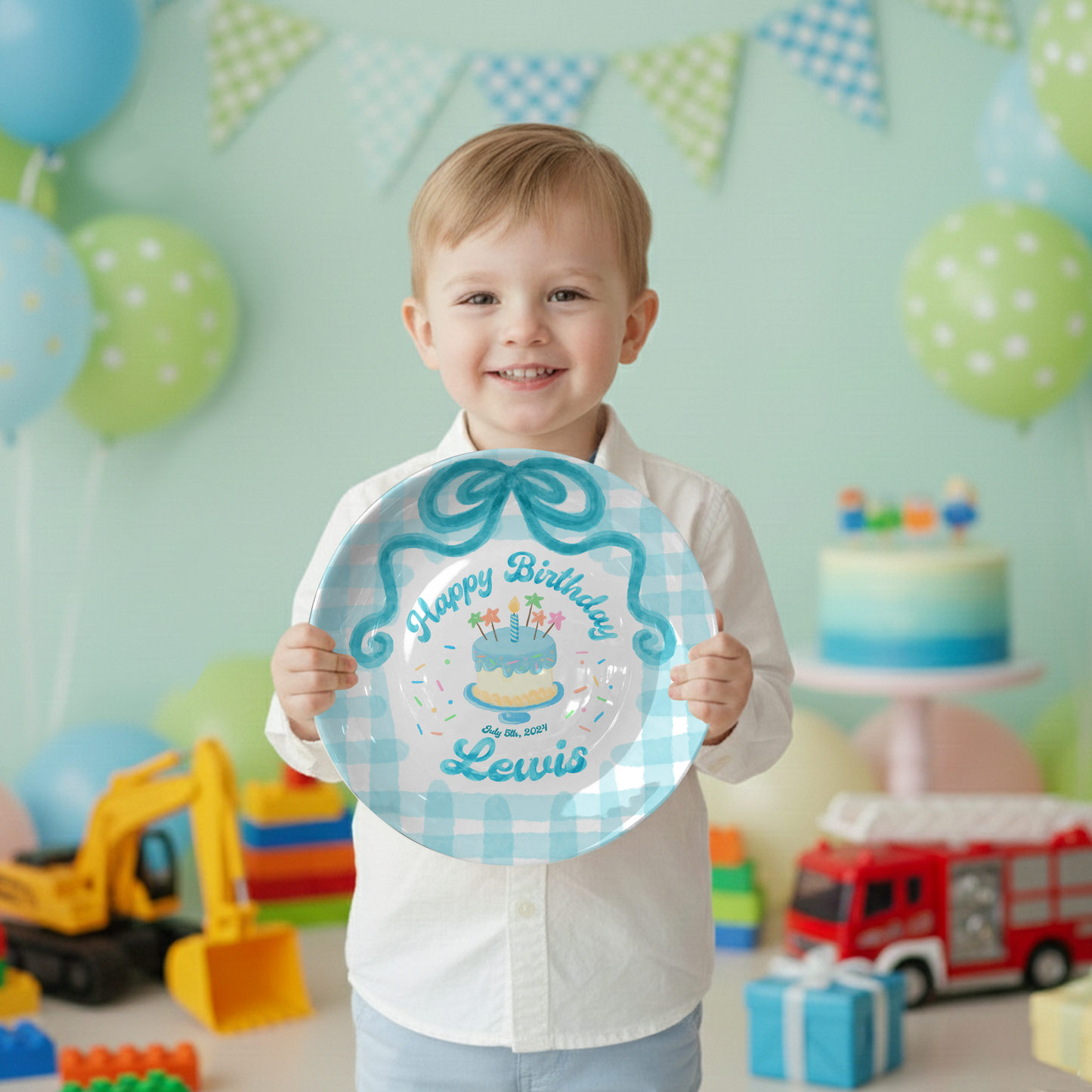 Teal Bow and Checkered Cake Personalized Birthday Plate P212RB00