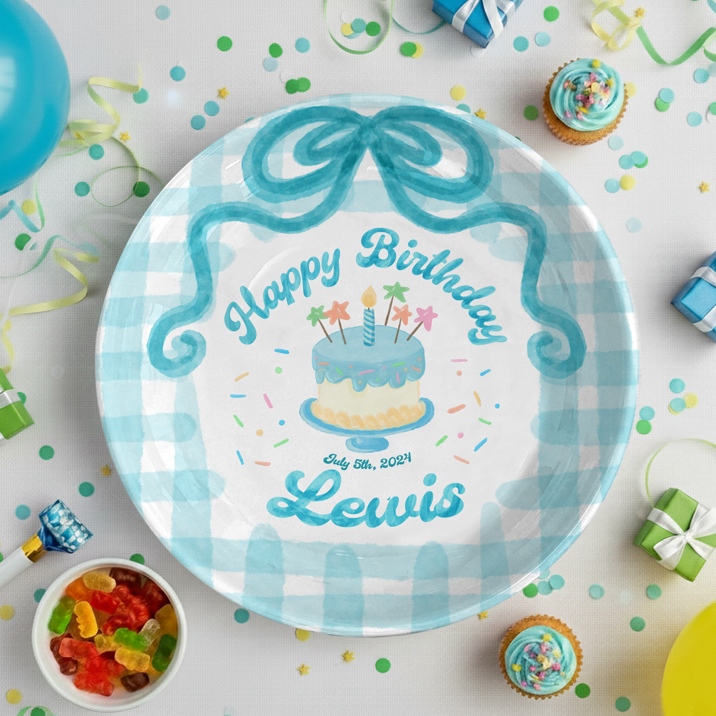 Teal Bow and Checkered Cake Personalized Birthday Plate P212RB00