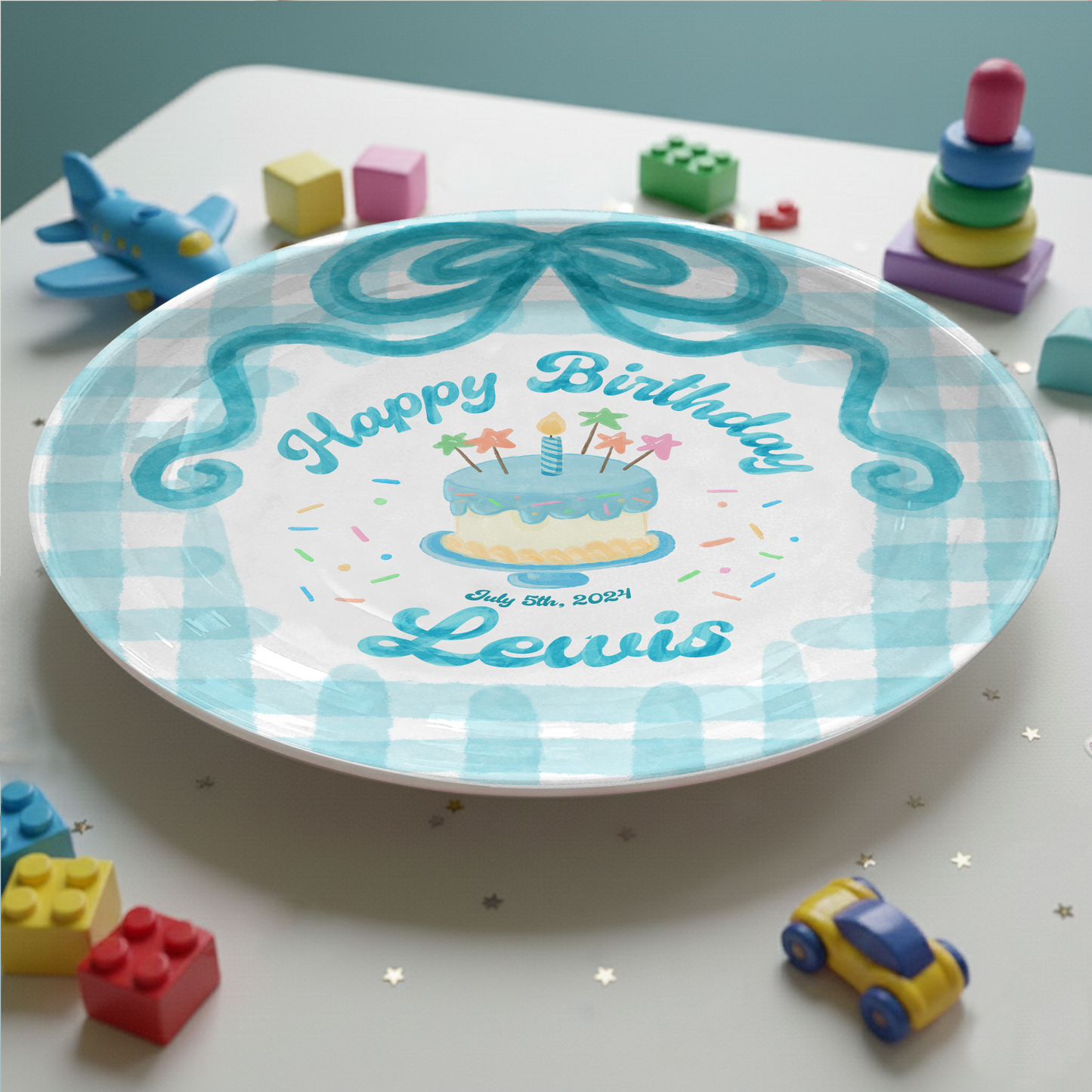 Teal Bow and Checkered Cake Personalized Birthday Plate P212RB00