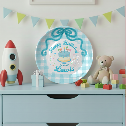 Teal Bow and Checkered Cake Personalized Birthday Plate P212RB00