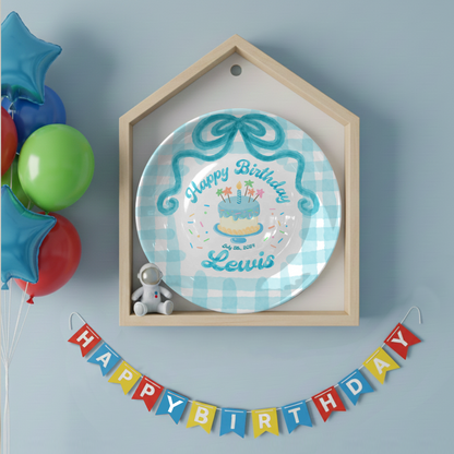 Teal Bow and Checkered Cake Personalized Birthday Plate P212RB00