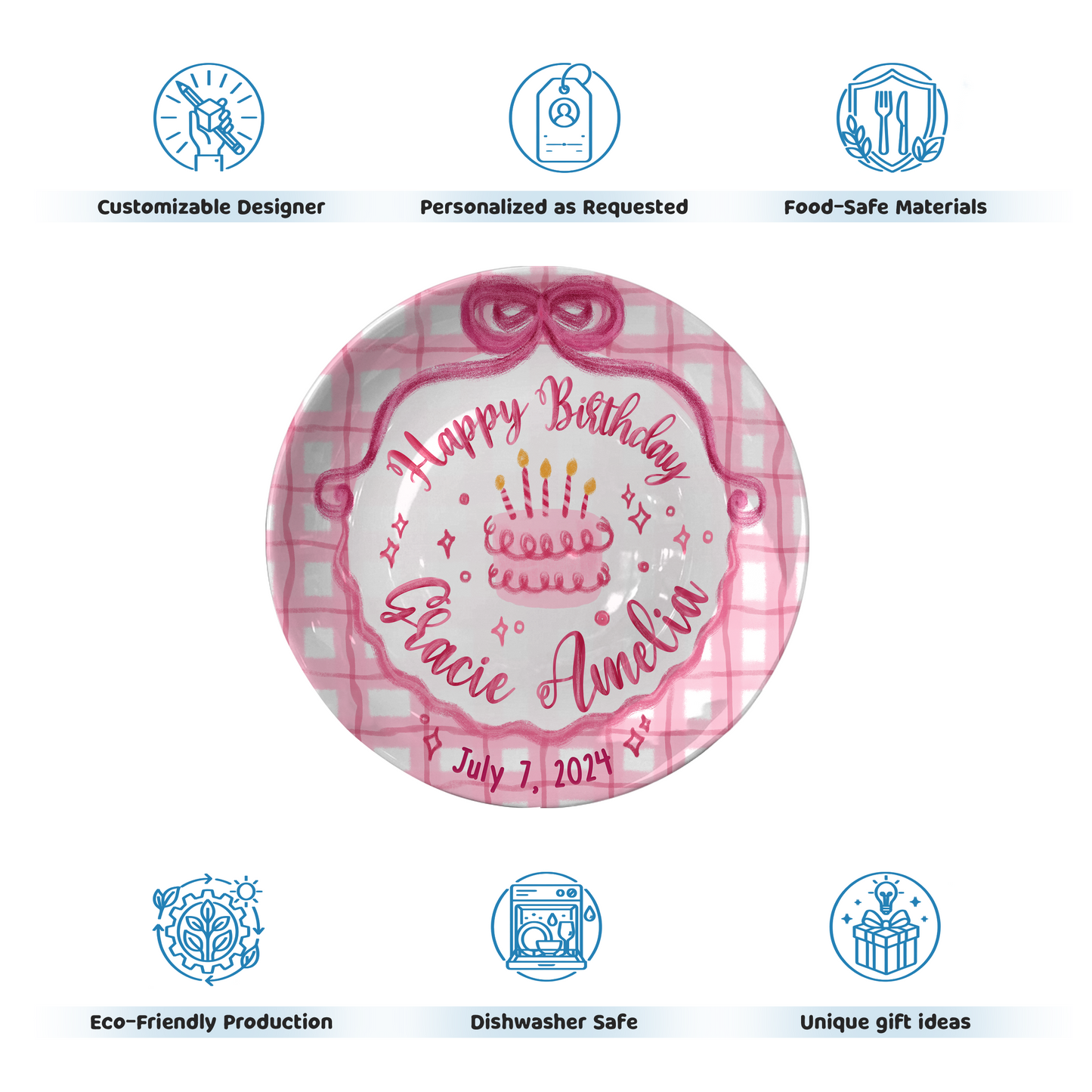Pink Plaid Cake Personalized Birthday Plate P212ZP80