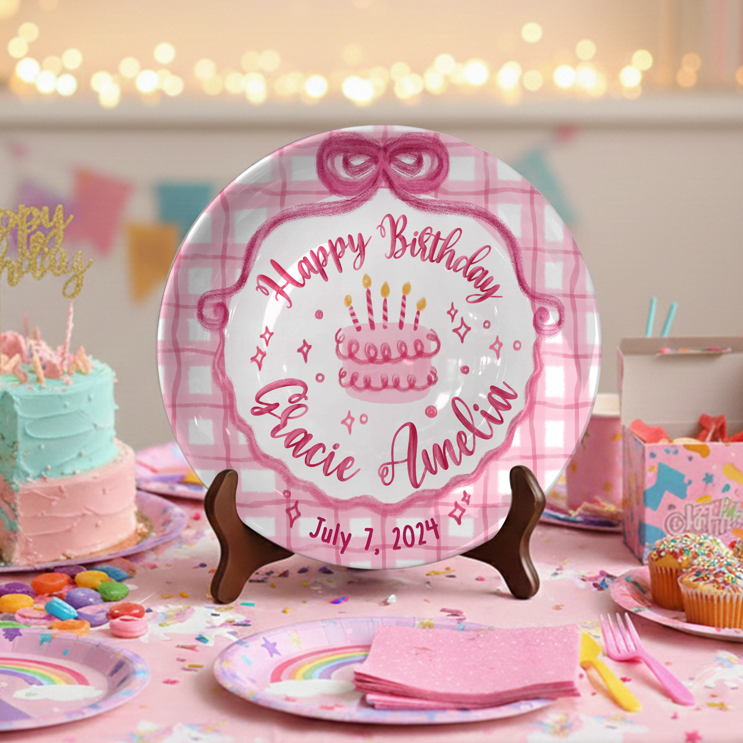 Pink Plaid Cake Personalized Birthday Plate P212ZP80