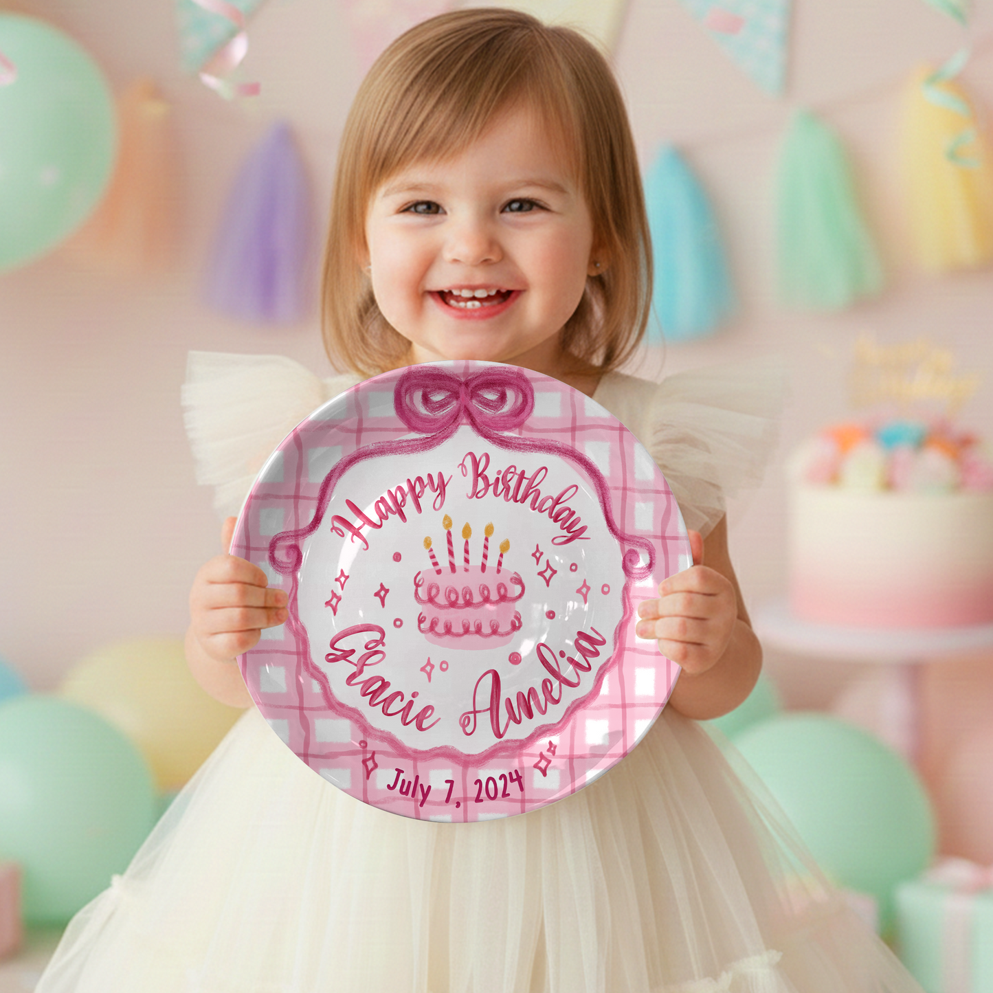 Pink Plaid Cake Personalized Birthday Plate P212ZP80