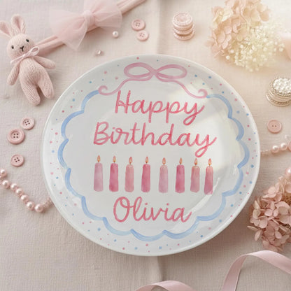 Pink Candles with Blue Scalloped Border Personalized Birthday Plate P2267200