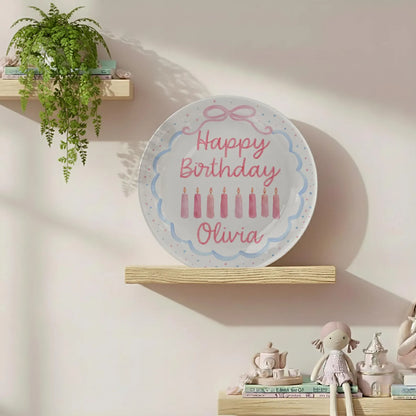 Pink Candles with Blue Scalloped Border Personalized Birthday Plate P2267200