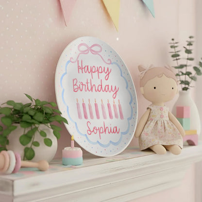 Pink Candles with Blue Scalloped Border Personalized Birthday Plate P2267200
