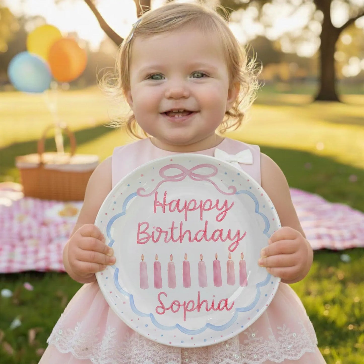 Pink Candles with Blue Scalloped Border Personalized Birthday Plate P2267200