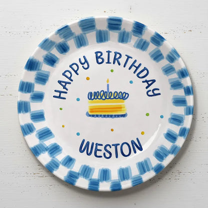Blue Brush Border with Cake Personalized Birthday Plate P23XUU0