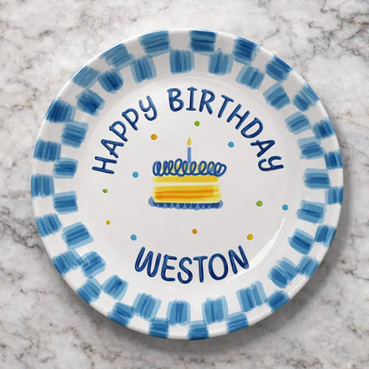Blue Brush Border with Cake Personalized Birthday Plate P23XUU0