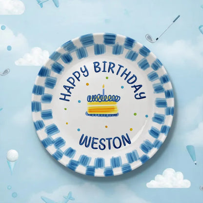 Blue Brush Border with Cake Personalized Birthday Plate P23XUU0