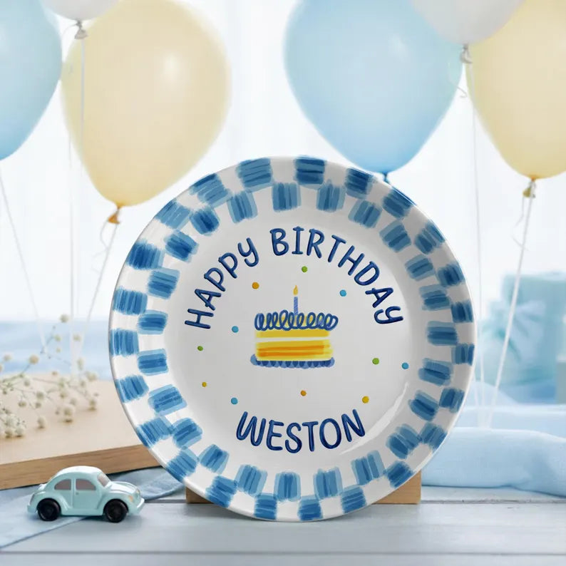 Blue Brush Border with Cake Personalized Birthday Plate P23XUU0