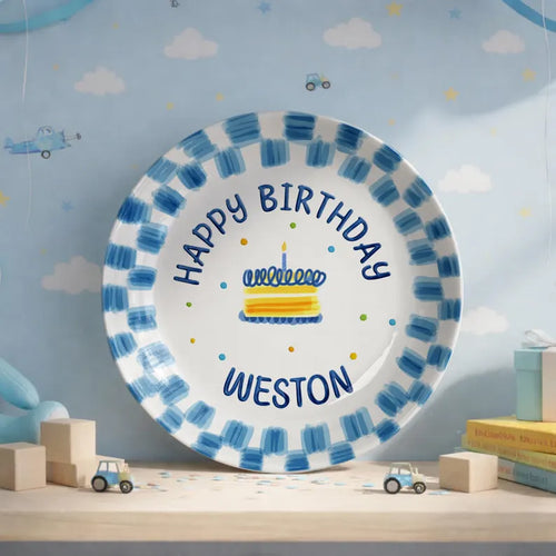 Blue Brush Border with Cake Personalized Birthday Plate P23XUU0