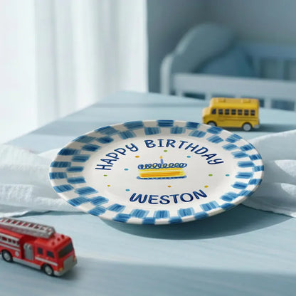 Blue Brush Border with Cake Personalized Birthday Plate P23XUU0