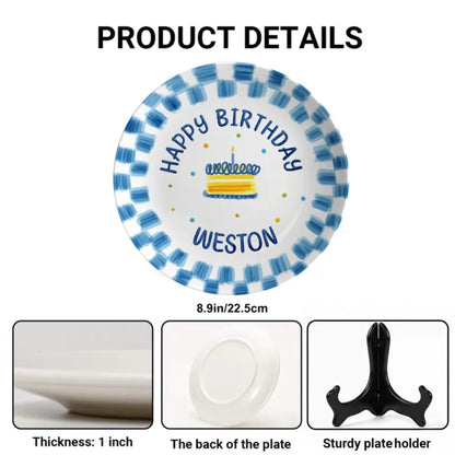 Blue Brush Border with Cake Personalized Birthday Plate P23XUU0