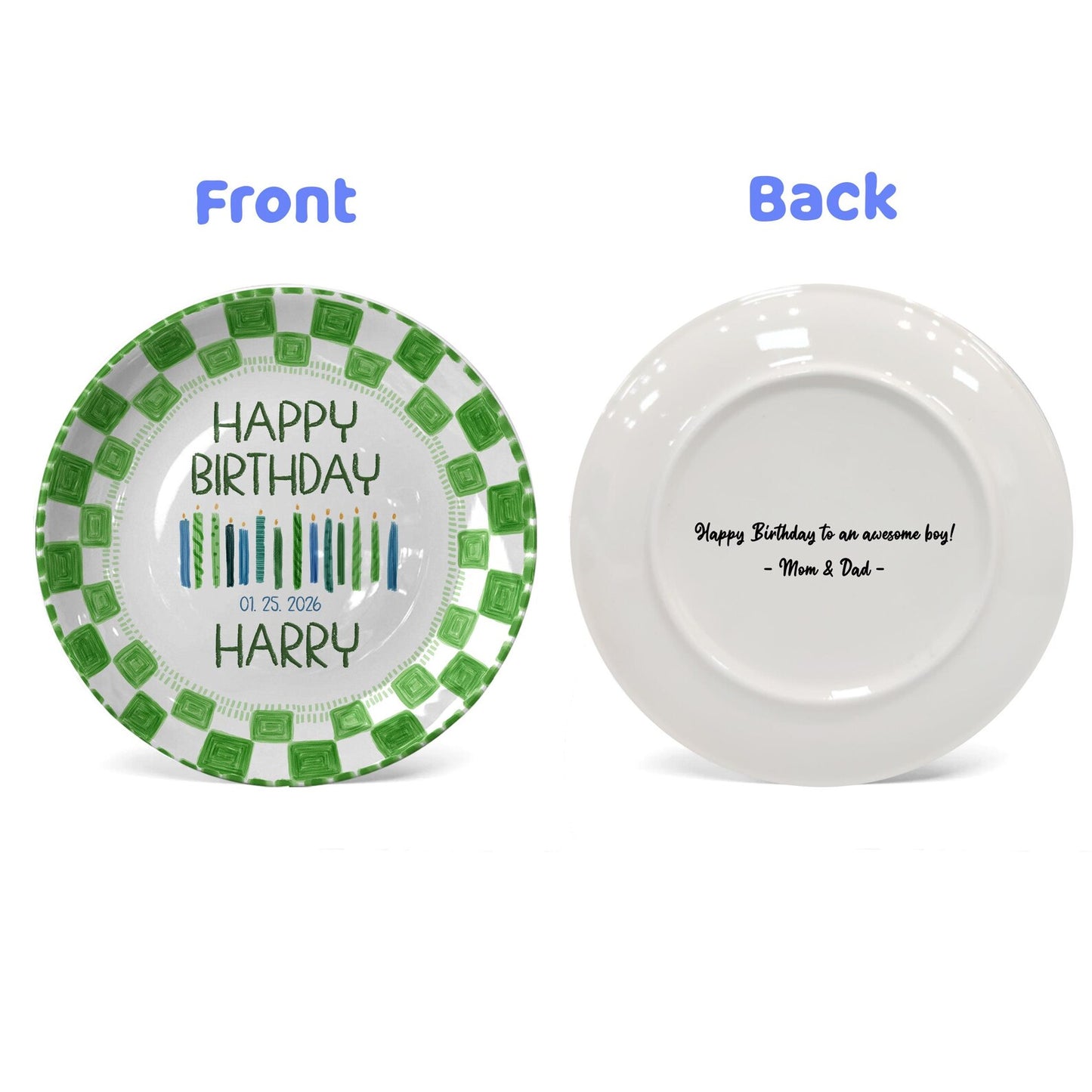 Candles with Green Square Border Personalized Birthday Plate P24MZK0