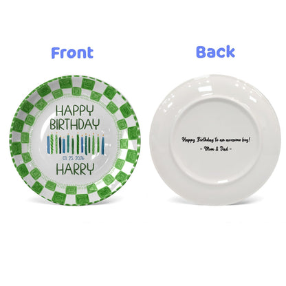 Candles with Green Square Border Personalized Birthday Plate P24MZK0