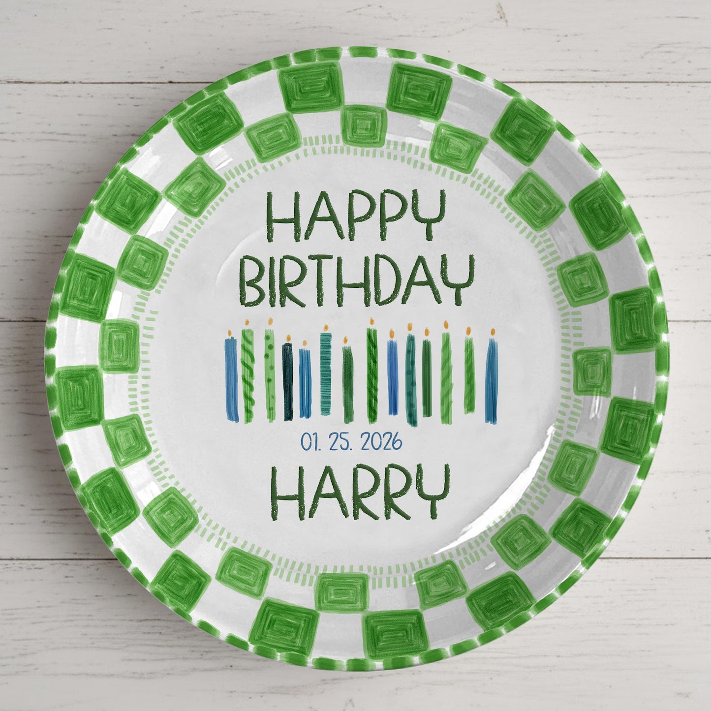 Candles with Green Square Border Personalized Birthday Plate P24MZK0