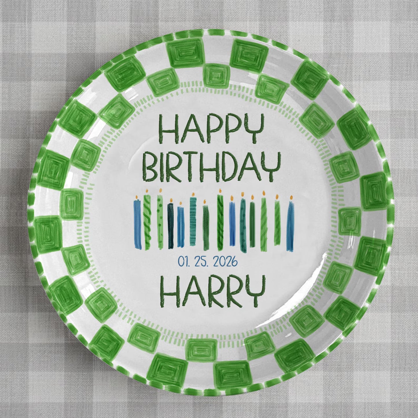 Candles with Green Square Border Personalized Birthday Plate P24MZK0
