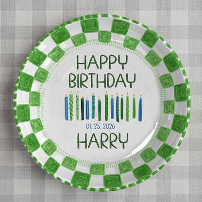 Candles with Green Square Border Personalized Birthday Plate P24MZK0