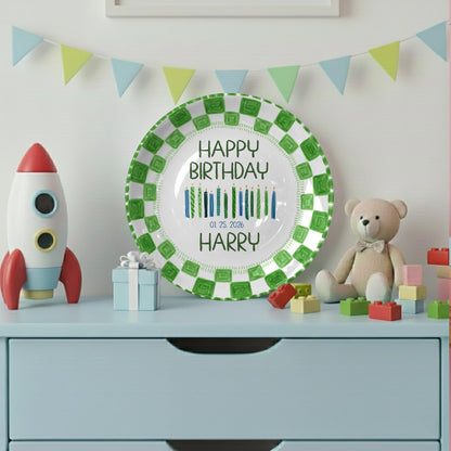 Candles with Green Square Border Personalized Birthday Plate P24MZK0
