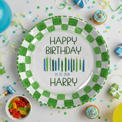 Candles with Green Square Border Personalized Birthday Plate P24MZK0