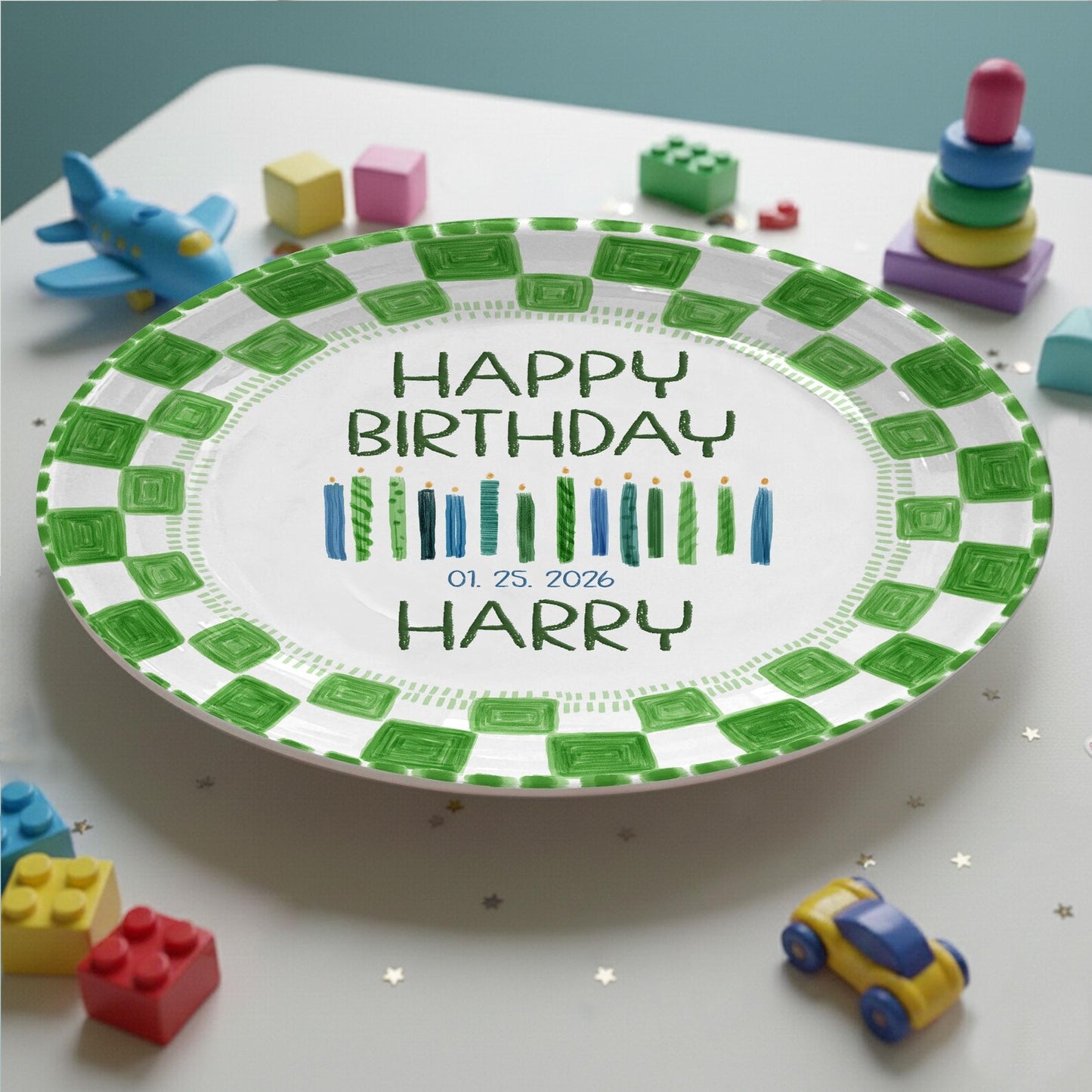 Candles with Green Square Border Personalized Birthday Plate P24MZK0