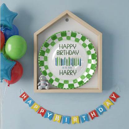 Candles with Green Square Border Personalized Birthday Plate P24MZK0