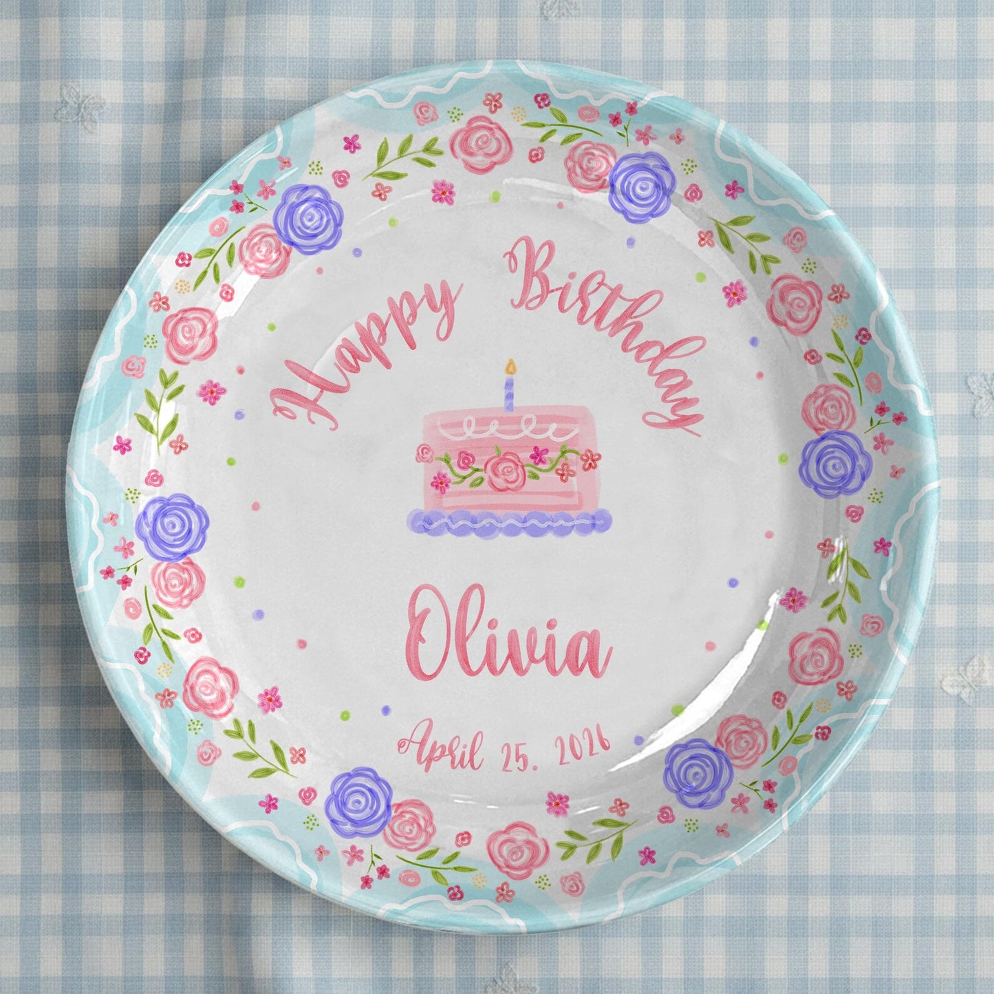 Cake with Pink and Purple Flowers Personalized Birthday Plate P295MJ0