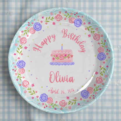 Cake with Pink and Purple Flowers Personalized Birthday Plate P295MJ0
