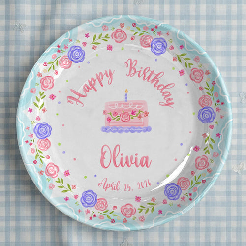 Cake with Pink and Purple Flowers Personalized Birthday Plate P295MJ0