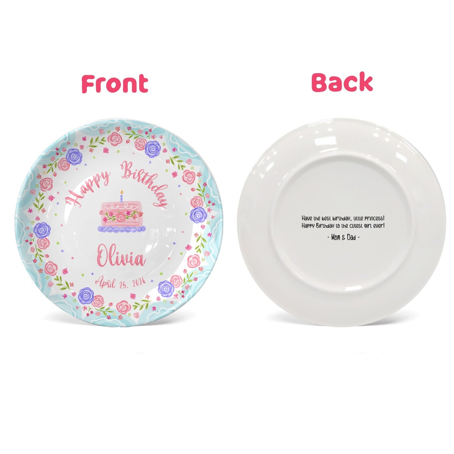 Cake with Pink and Purple Flowers Personalized Birthday Plate P295MJ0