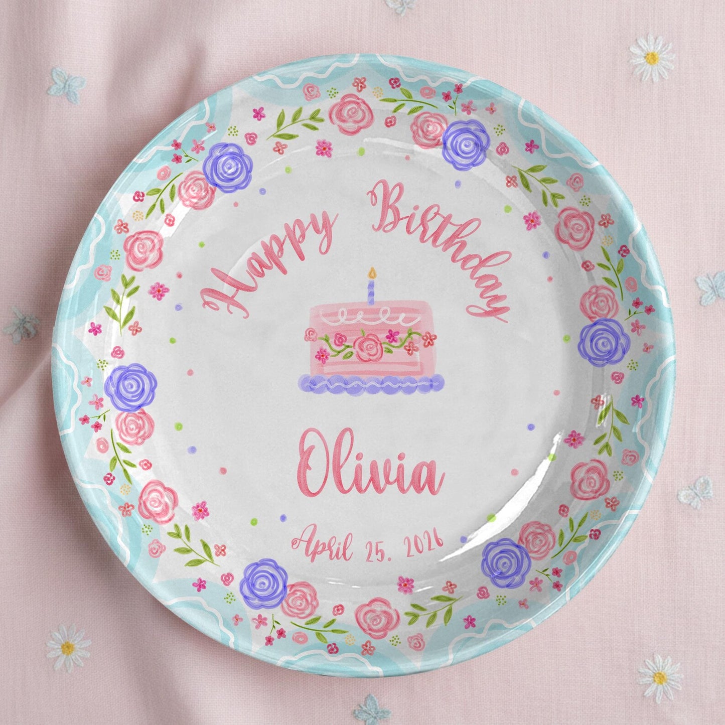 Cake with Pink and Purple Flowers Personalized Birthday Plate P295MJ0